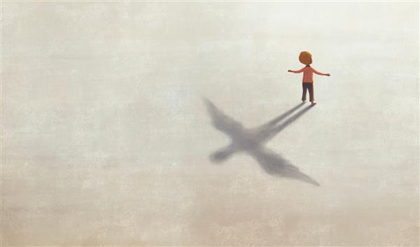 پسری با سایه پرواز ایده مفهومی هنر آزادی رویای تخیل و امید نقاشی مفهومی آثار هنری سورئال تصویرسازی سه بعدی مینیمال