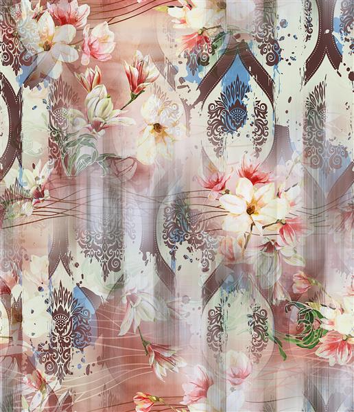 کاغذ دیواری طرح پارچه چاپ دیجیتال گل رنگارنگ با پس زمینه آبرنگ-تصویر