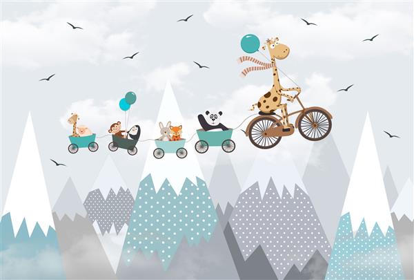 حیوانات تصویری کودکان روی دوچرخه در آسمان در برابر پس زمینه کوه ها برای کاغذ دیواری چاپ دیجیتال کاغذ دیواری طرح سفارشی پرواز می کنند