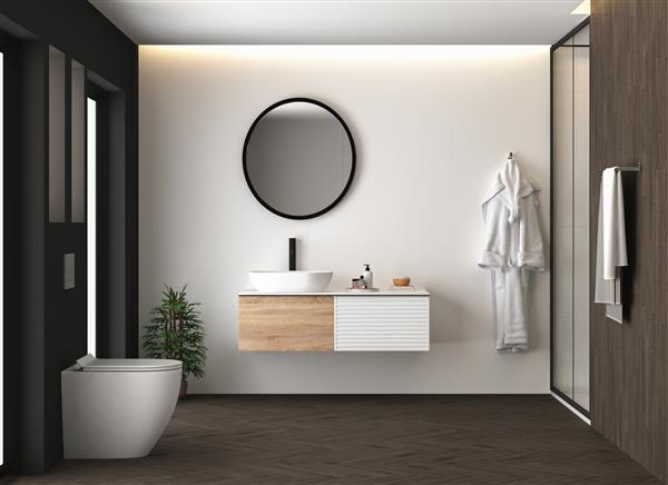 فضای داخلی حمام با پارکت تیره توالت دوش و آینه بیضی شکل نمای جلوی دیوارهای بتنی حمام سیاه و سفید مینیمالیستی با مبلمان مدرن رندر سه بعدی