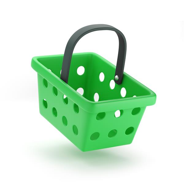 سبد خرید خواربارفروشی پلاستیکی سبز یا سبد غذا به سبک کارتونی جدا شده روی سفید رندر سه بعدی