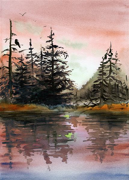 تصویر آبرنگ منظره ای با جنگلی از درختان صنوبر تیره و کاج در ساحل رودخانه با کوه های دوردست و پرندگان در آسمان