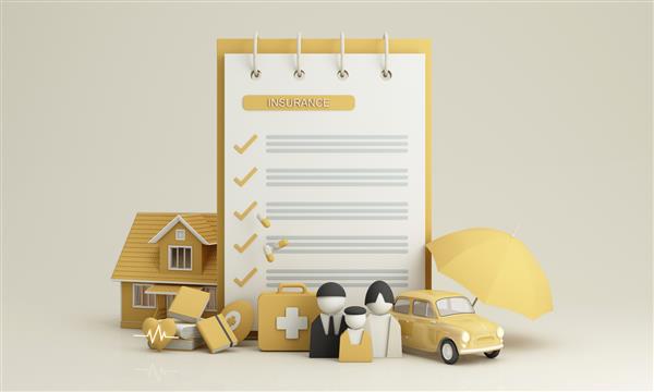 مشتری شرکت بیمه مفهوم کامل بیمه را ارائه می کند تضمین و بیمه خودرو املاک و مستغلات مسافرت امور مالی سلامت خانواده و زندگی رندر سه بعدی زرد