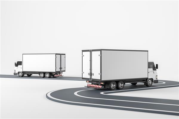 دو کامیون سفید جدا شده روی پس زمینه سفید در حال حرکت در جاده آسفالت مفهوم حمل و نقل و تدارکات فضای کپی را برای متن و لوگو ایجاد کنید رندر سه بعدی