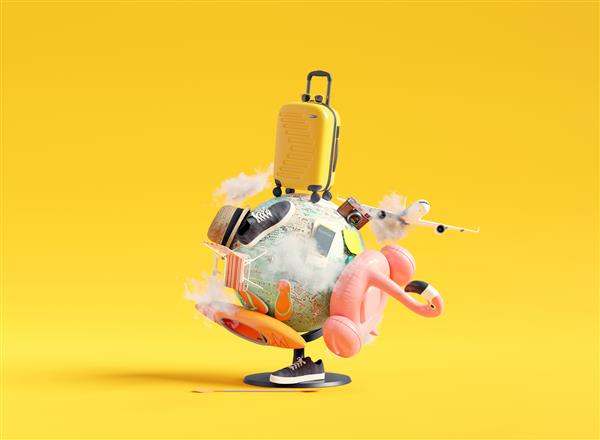 کره با عناصر سفر در پس زمینه زرد مفهوم سفر به دور دنیا رندر سه بعدی