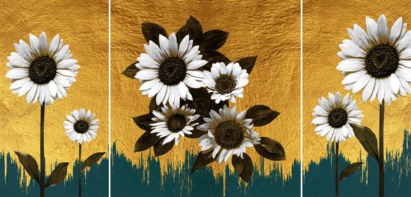نقاشی مدرن طلا از گل خورشید انتزاعی بافت سبک شرقی بوم خاکستری و طلایی با الگوی انتزاعی مجموعه هنری بوم هنرمند برای دکوراسیون و داخلی
