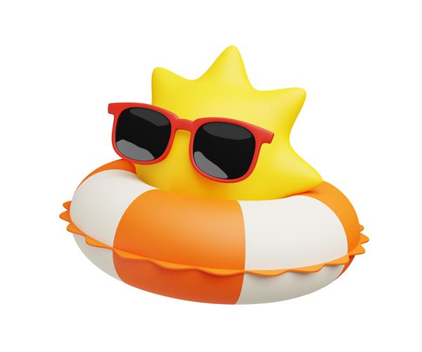 تصویر رندر سه بعدی خورشید با عینک آفتابی شناور با حلقه شنا جدا شده روی سفید نماد سفر مفهوم تعطیلات تابستانی