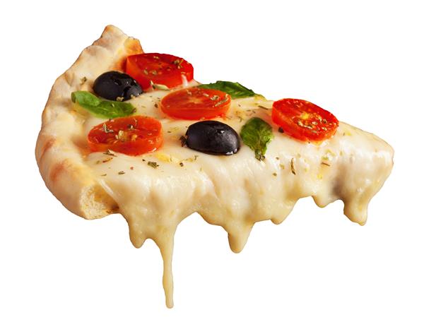 یک تکه پیتزا داغ با پنیر آب شده جدا شده روی سفید