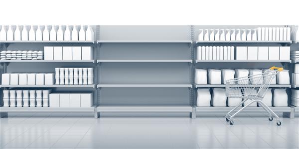 قفسه های خالی در سوپرمارکت ست قفسه با اجناس زیاد و گاری رندر سه بعدی