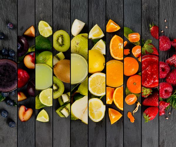 نمای بالای رنگین کمان مخلوط راه راه رنگارنگ با میوه نوشیدنی و برش مفهوم تغذیه سالم