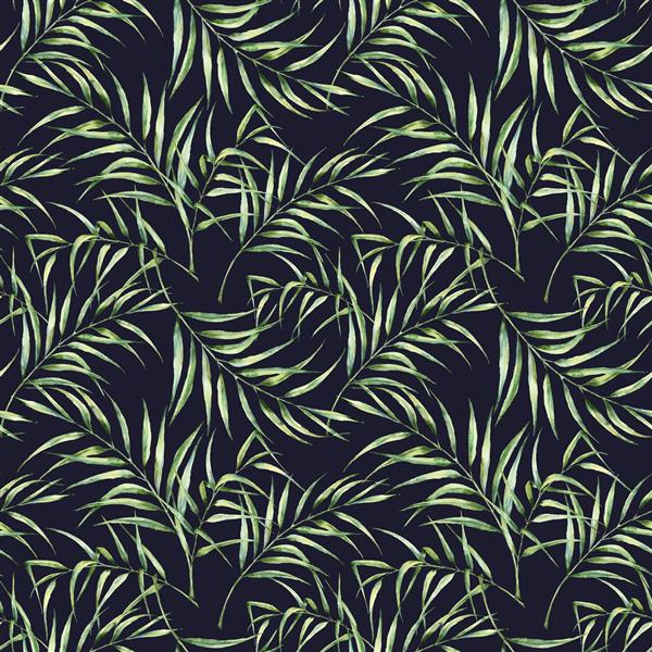الگوی آبرنگ با برگ های نخل شاخه سبز عجیب و غریب نقاشی شده با دست جدا شده در پس زمینه آبی تیره تصویر گیاه شناسی برای طراحی چاپ یا پس زمینه