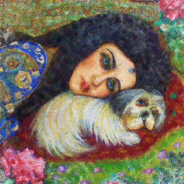 نقاشی دختر زیبای غمگین عاشق با چشمانی منتظر در انتظار معشوق در کنار گربه اش
