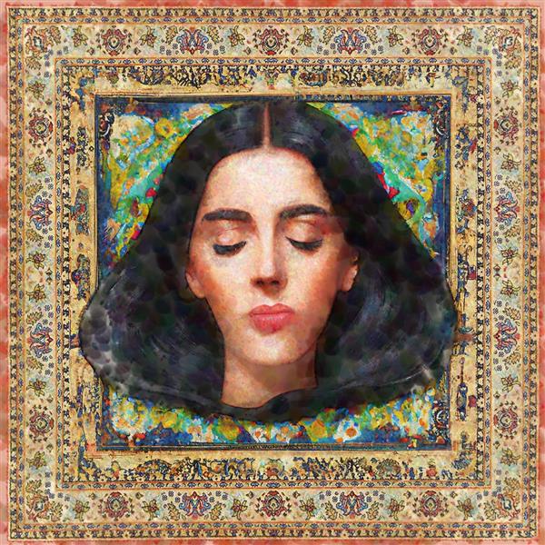نقاشی دختر زیبای غمگین عاشق با چشمانی بسته در انتظار بر روی فرش ایرانی