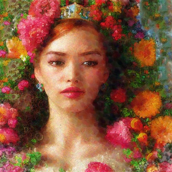 نقاشی دختر زیبای غمگین عاشق با چشمانی نافذ در انتظار عشق در کنار گلهای سرخ