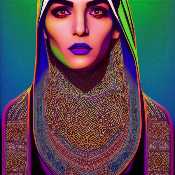 زن زیبای پارسی با پوشش و طراحی ایرانی با گلهای زیبای اسلیمی