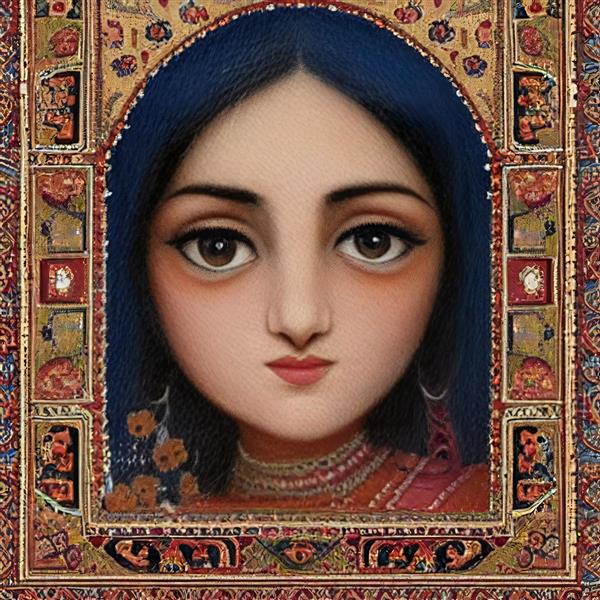 دختر زیبای عاشق غمگین با پشت زمینه طرح فرش ایرانی در انتظار عشق