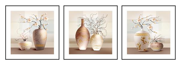 تصویر گلدان زیبا طرح الگوی تزئینی 3 تکه روی کاغذ دیواری سه بعدی پس زمینه رنگارنگ آثار هنری مدرن گرافیکی