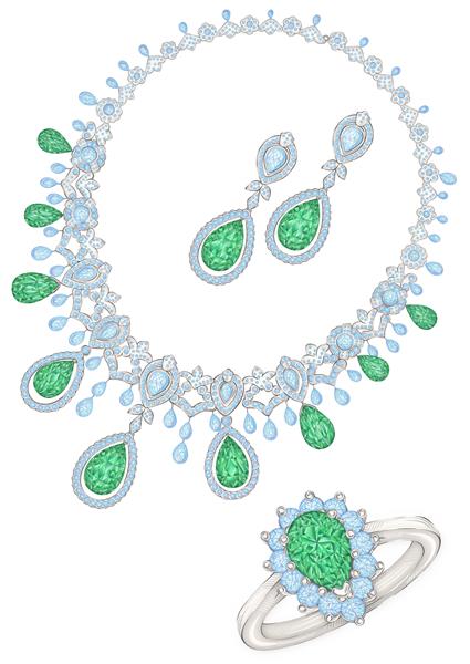 طراحی گردنبند گوشواره و انگشتر با مداد با سنگ های قیمتی در زمینه سفید طرح جدا شده زمینه سفید با انگشتر الماس نقاشی شده با دست سنگ های قیمتی سبز پس زمینه بافت