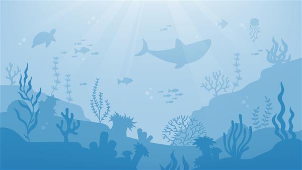 پس زمینه شبح دنیای زیر آب صحنه حیات دریایی تصویر برداری زیر دریا با حیوانات دریایی ماهی مرجان جلبک دریایی لاک پشت چتر دریایی کوسه