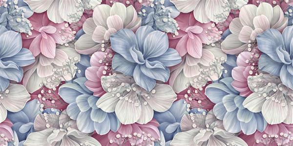 گل های هیدرانسی آبرنگ الگوی بدون درز پس زمینه گل کاغذ دیواری سه بعدی لوکس بافت ممتاز پالت رنگ آبی پاستلی صورتی بژ دسته گل های عروسی زیبا کاغذ دیجیتال هنر دیواری
