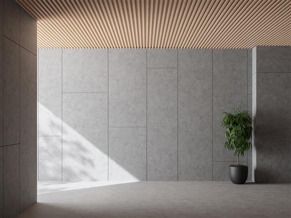 اتاق خالی مدرن به سبک شیروانی با رندر سه بعدی سقف باریک نور خورشید دیوار بتنی با الگوی تصادفی در اتاق وجود دارد