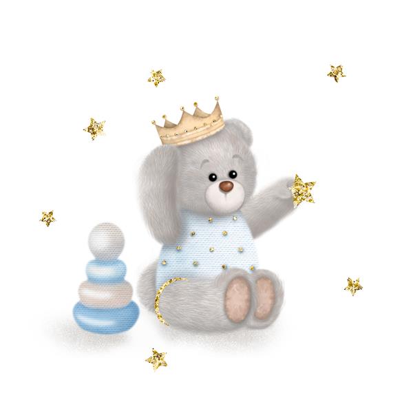 خرس عروسکی ناز با اسباب بازی و ستاره؛ تصویر کشیده شده با آبرنگ با زمینه سفید جدا شده