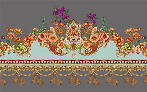 این یک مرز قومی هندسی سنتی دیجیتال منحصر به فرد الگوی باروک برگ های گل و عناصر هنری مغول موتیف بافت انتزاعی و ترکیب آثار هنری زینتی قدیمی برای چاپ پارچه است