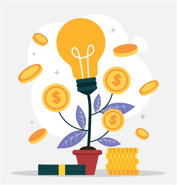 لامپ با پول استعاره برای نوآوری یا راه اندازی تاجر یا کارآفرین از طریق ایده کسب درآمد می کند مفهوم سواد مالی و درآمد غیرفعال تصویر برداری تخت کارتونی