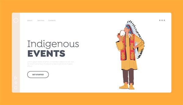 الگوی صفحه فرود رویدادهای بومی رئیس سرخپوست آمریکایی با لباس قبیله ای و سرپوش با پرهای سیگار کشیدن لوله صلح شخصیت نر بومی آپاچی تصویر برداری مردم کارتونی