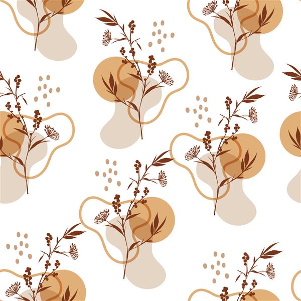 الگوی بدون درز رنگارنگ با گل‌های تزئینی و برگ‌های بدون فوم سبک مدرن گلدان فنجان تصویر برداری EPS10 طراحی برای پارچه مد پارچه کاغذ دیواری بسته بندی و تمام چاپ