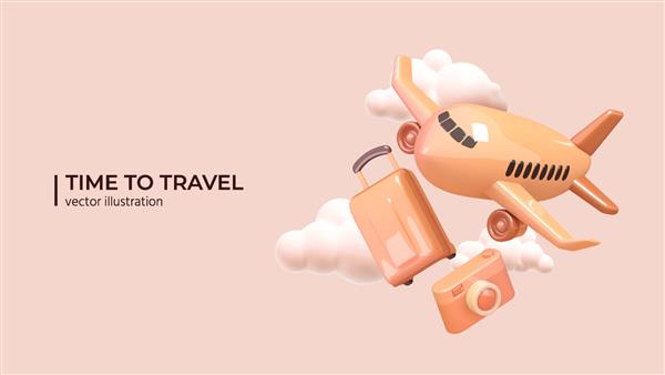 هواپیما چمدان و دوربین عکاسی واقع گرایانه با طراحی سه بعدی در آسمان ابری مفهوم خلاقانه سفر با هواپیما در سبک مینیمال کارتونی تصویر برداری