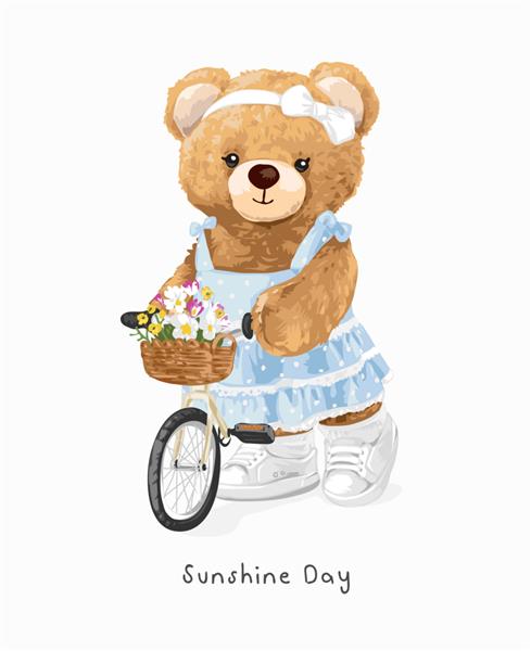 شعار روز آفتاب با تصویر برداری عروسک خرس دخترانه زیبا و دوچرخه