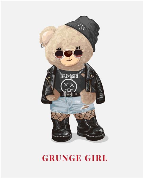 شعار دختر گرانج با عروسک خرس در تصویر برداری سبک مد گرانج