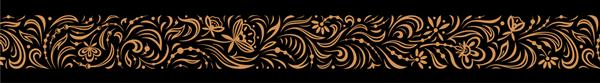 الگوی حاشیه بدون درز پرنقش به سبک سنتی روسی تزئینات باریک روباز طلایی از برگ و گل در زمینه مشکی
