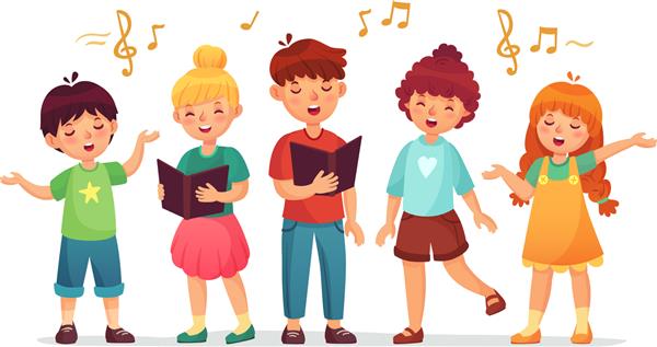 بچه های آوازخوان آموزشگاه موسیقی گروه آواز کودکان و گروه کر کودکان می خوانند کودکانی که در حال آواز خواندن هستند یا شخصیت خواننده کارائوکه مدرسه مجموعه آیکون های جدا شده تصویر برداری کارتونی