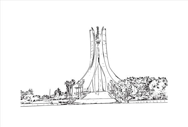 نمای ساختمان با نقطه عطف الجزایر پایتخت الجزایر در سواحل مدیترانه این کشور است تصویر طراحی دستی در وکتور