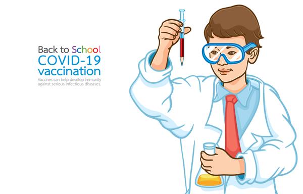 تصویر برداری از دانش آموزان آسیایی با لباس سفید در حال انجام آزمایشات شیمی سرنگ تبدیل شده به مداد واکسیناسیون همراه با یادگیری ایمنی واکسیناسیون COVID-19 بازگشایی مدرسه