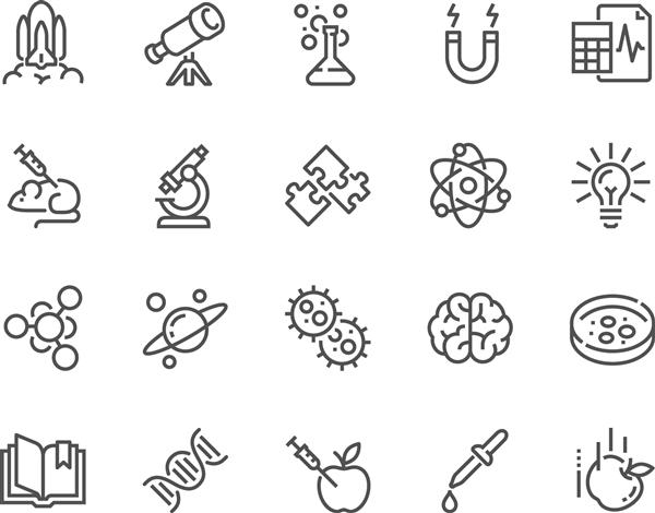 مجموعه ای ساده از نمادهای وکتوری مرتبط با علم شامل نمادهایی مانند زیست شناسی نجوم فیزیک آزمون علوم آزمایشگاه و موارد دیگر است سکته مغزی قابل ویرایش 48x48 Pixel Perfect