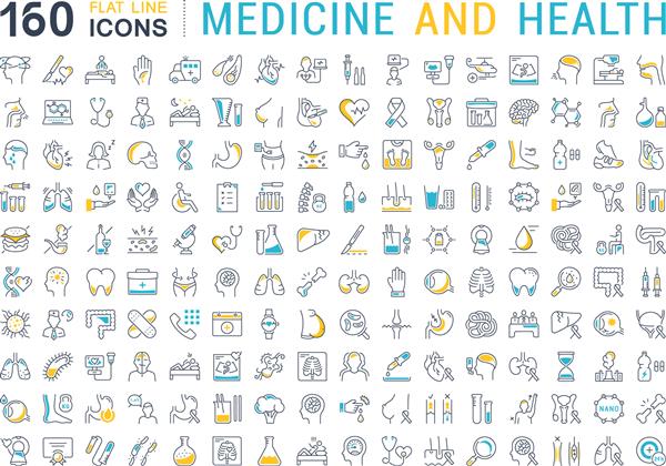 مجموعه نمادهای وکتور خط علامت و نمادها در طراحی مسطح پزشکی و سلامت با عناصر برای مفاهیم تلفن همراه و برنامه های وب مجموعه لوگو و پیکتوگرام اینفوگرافیک مدرن