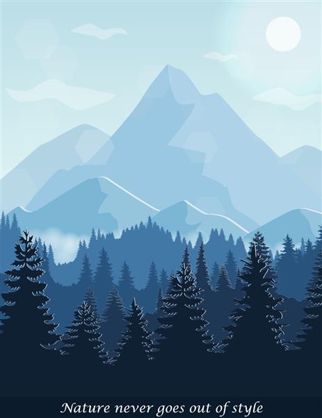 تصویری از منظره هوایی صلح آمیز جنگل کاج تپه ها و کوه ها منظره طبیعت مه الگوی تصویر کارت بنر