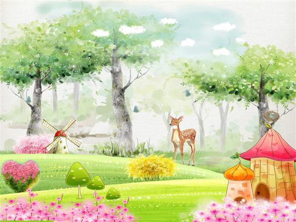 تصویرسازی کودکان منظره جنگل پری خانه های خنده دار آسیاب درختان سبز گل های صورتی کمی حنایی