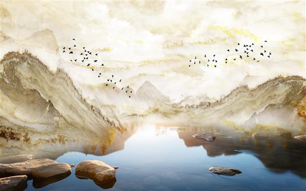 تصویر چشم انداز انتزاعی رودخانه و سنگ ها در آب کوه های بژ و آسمان مرمر گله ای از پرندگان سیاه در آسمان