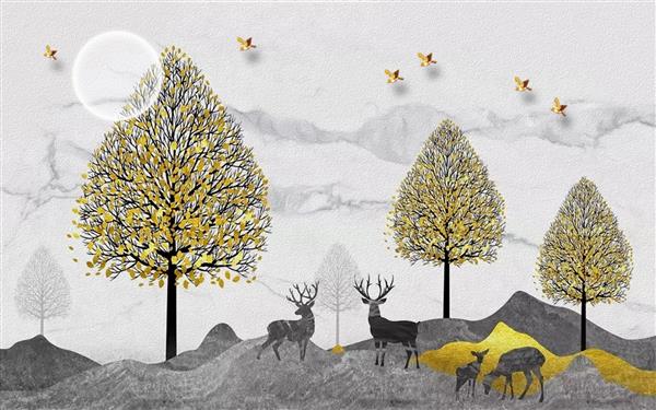 پس زمینه خاکستری ماه کامل درختان پاییزی با برگ های زرد خطوط حیوانات