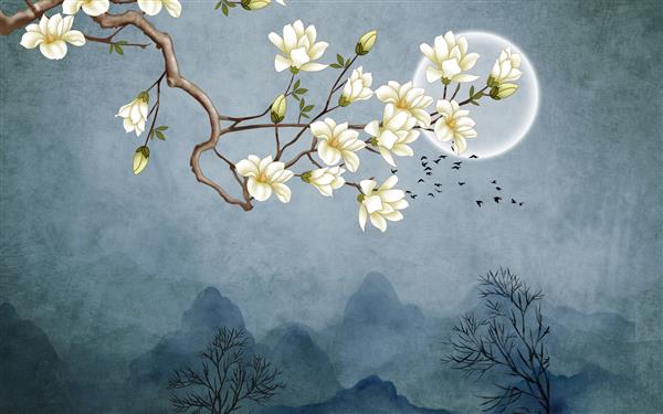 تصویر سه بعدی پس زمینه تیره گرانج ماه کامل گل های ماگنولیا سفید روی شاخه گله پرندگان در آسمان