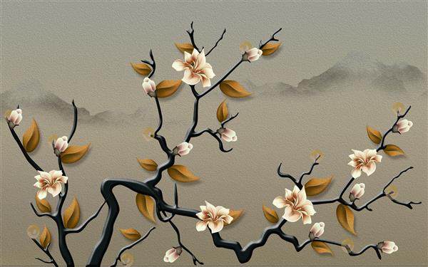 تصویر سه‌بعدی پس‌زمینه بافت‌دار بژ با کوه شاخه منحنی بافت مشکی با گل‌های ماگنولیا