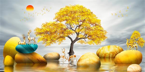 تصویر سه بعدی از درخت طلایی و گوزن در رودخانه