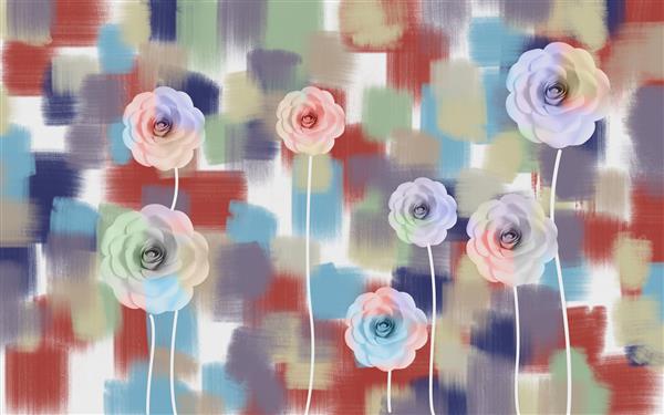 تصویر سه‌بعدی پس‌زمینه خال‌دار چند رنگ غنچه‌های گل رز شفاف روی ساقه‌های سفید نازک