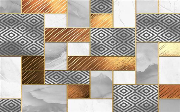 تصویر سه بعدی مستطیل های مرمری فلزی و چوبی در قاب های طلایی