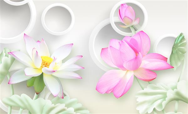 تصویر سه بعدی از گل های نیلوفر آبی در شکوفه کامل در پس زمینه دایره