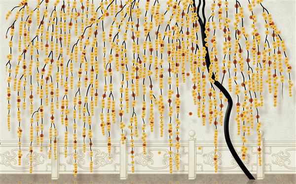 تصویر سه بعدی درخت منحنی با سکه های چینی شادی در پس زمینه بژ